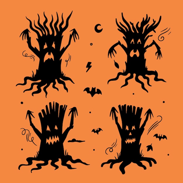 Vecteur gratuit collection de silhouettes d'arbres hantés dessinées à la main pour la célébration d'halloween