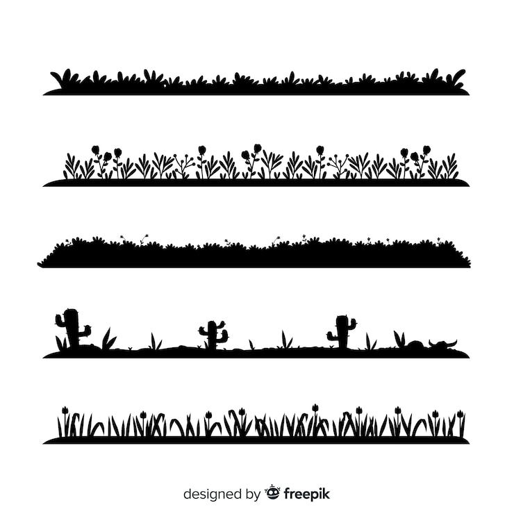 Vecteur gratuit collection de silhouettes à la bordure de l'herbe noire