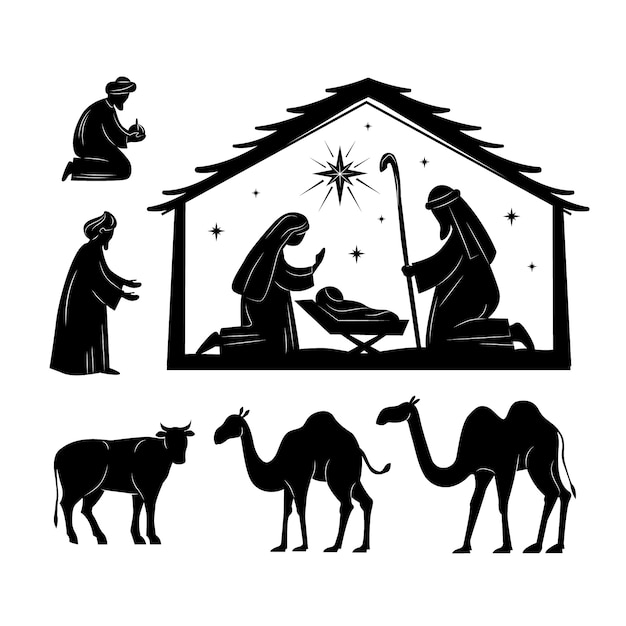 Vecteur gratuit collection de silhouettes de crèche de noël plat