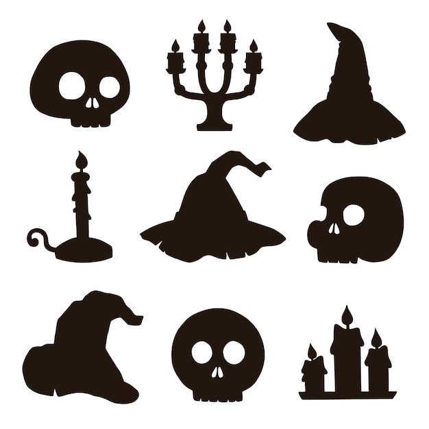 Collection de silhouettes monochromes dessinées à la main pour la célébration d'Halloween