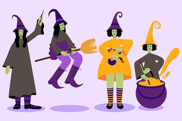 Collection de sorcières d'halloween plates dessinées à la main