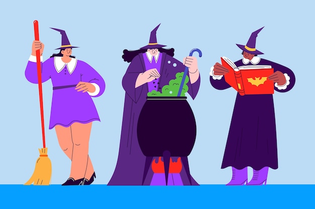 Vecteur gratuit collection de sorcières d'halloween plates dessinées à la main