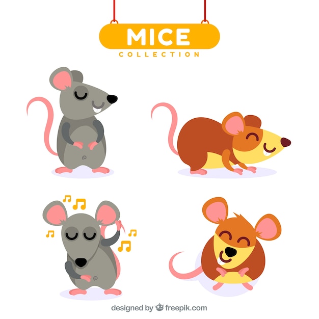 Vecteur gratuit collection de souris plat avec des poses différentes