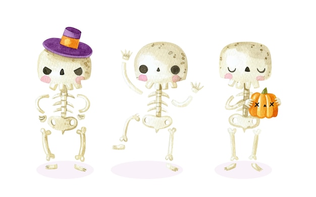 Vecteur gratuit collection de squelettes d'halloween aquarelle