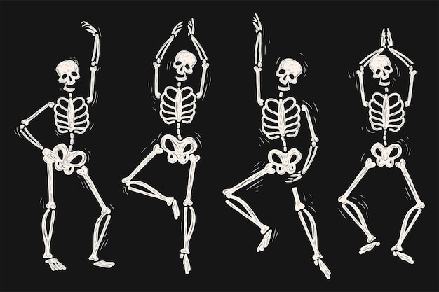 Collection de squelettes d'halloween dessinés à la main