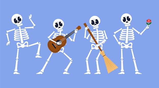 Collection De Squelettes D'halloween Plats Dessinés à La Main