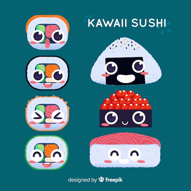 Vecteur gratuit collection de sushi kawaii dessinés à la main