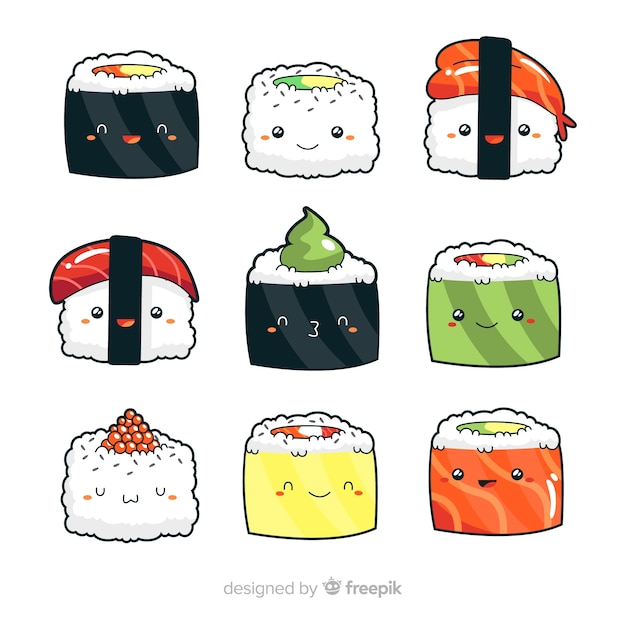 Vecteur gratuit collection de sushis adorables dessinés à la main