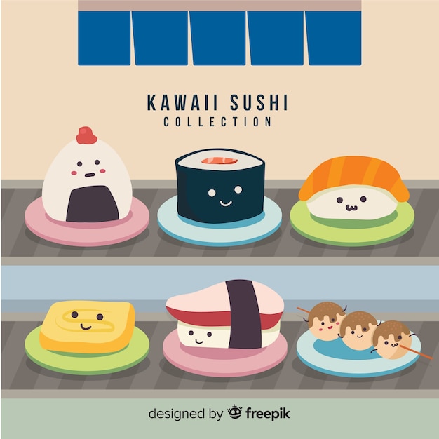 Vecteur gratuit collection de sushis charmante dessinée à la main