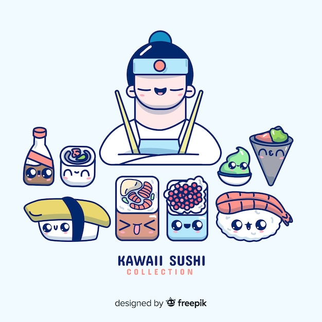 Vecteur gratuit collection de sushis kawaii