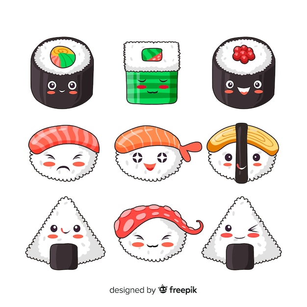 Vecteur gratuit collection de sushis souriants kawaii dessinés à la main