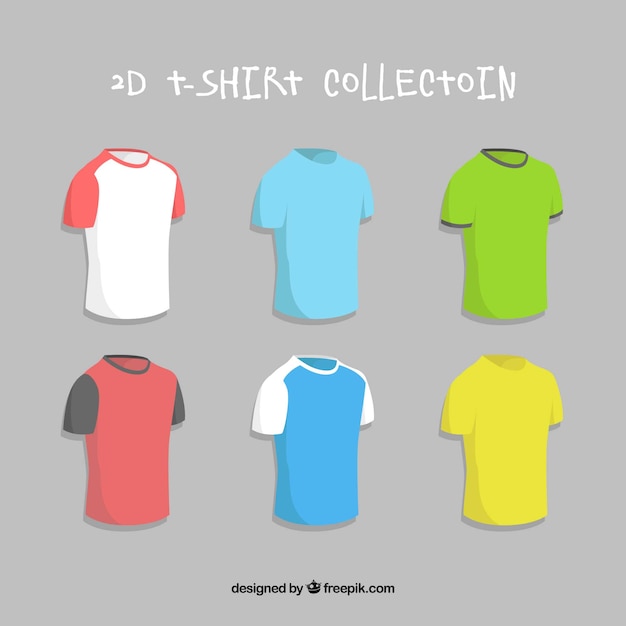 Vecteur gratuit collection de t-shirts 2d en différentes couleurs