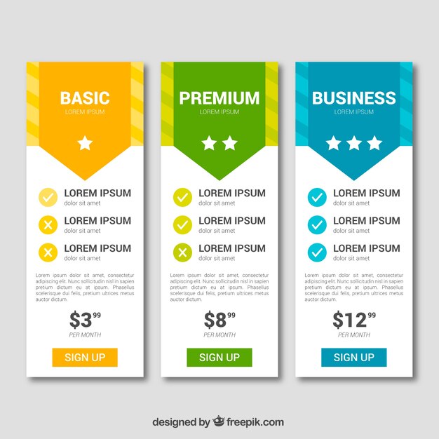 Collection de tables de prix avec des tarifs différents
