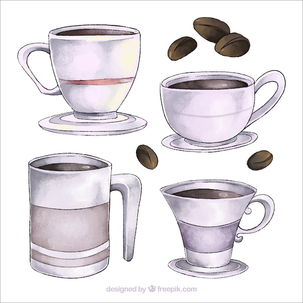 Vecteur gratuit collection de tasses à café aquarelle
