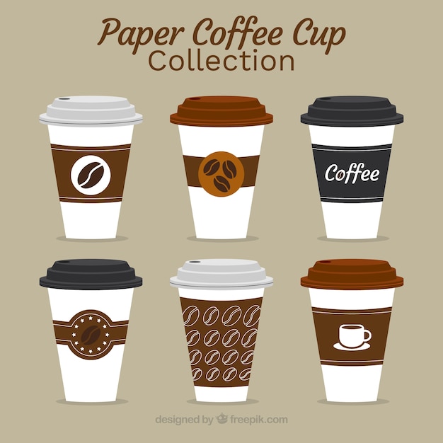 Vecteur gratuit collection de tasses à café en papier plat