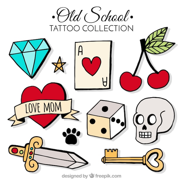 Vecteur gratuit collection de tatouage à l'ancienne école à la main