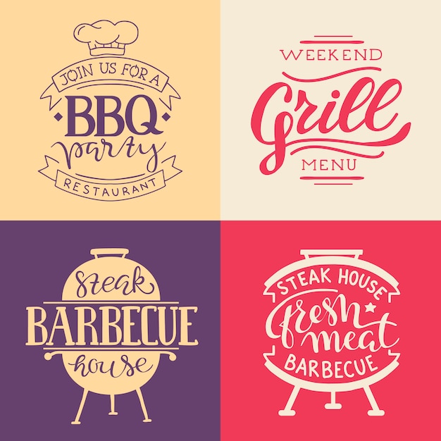 Collection De Texte Dessiné à La Main Des Aliments Grillés, Saucisses, Poulet, Frites, Steaks, Poisson