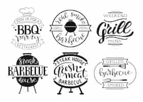Vecteur gratuit collection de texte dessiné à la main des aliments grillés, saucisses, poulet, frites, steaks, poisson