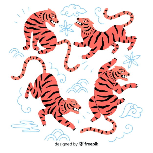 Vecteur gratuit collection de tigres sauvages dessinés à la main