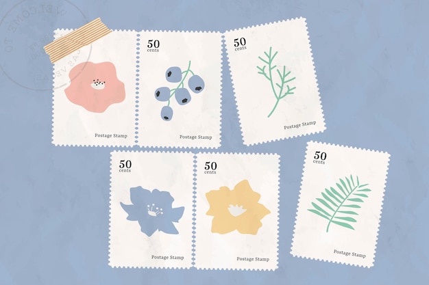 Collection De Timbres Botaniques Sur Fond Bleu Vecteur