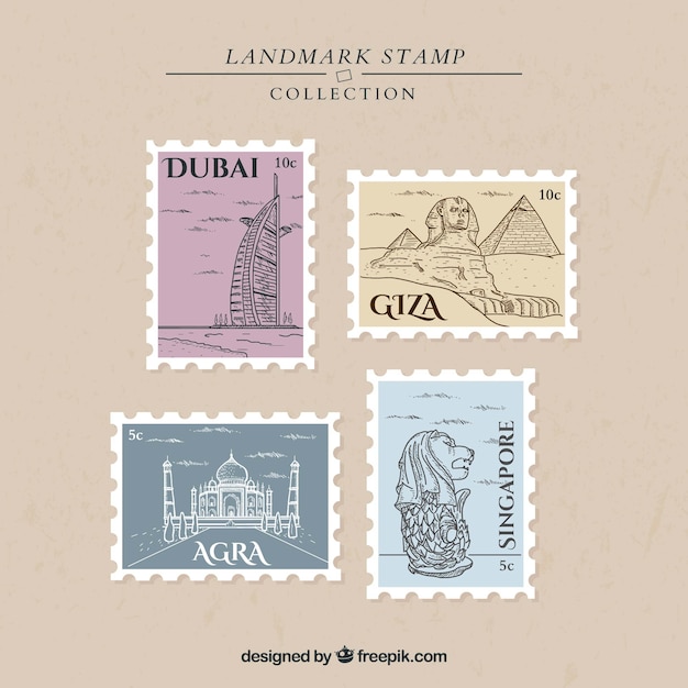 Vecteur gratuit collection de timbres emblématiques avec villes et monuments
