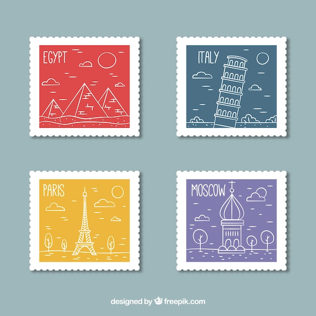 Vecteur gratuit collection de timbres emblématiques avec villes et monuments