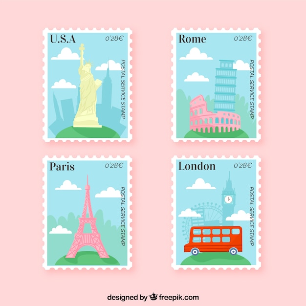 Vecteur gratuit collection de timbres emblématiques avec villes et monuments