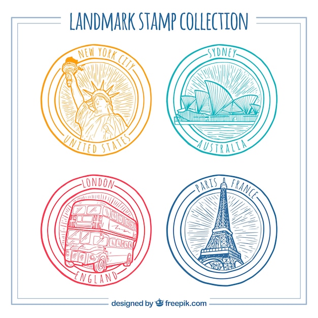 Vecteur gratuit collection de timbres emblématiques avec villes et monuments