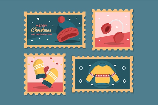Vecteur gratuit collection de timbres de noël au design plat