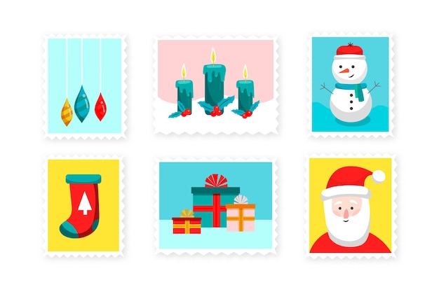 Vecteur gratuit collection de timbres de noël design plat