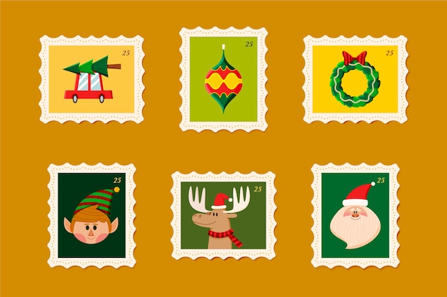 Vecteur gratuit collection de timbres de noël design plat