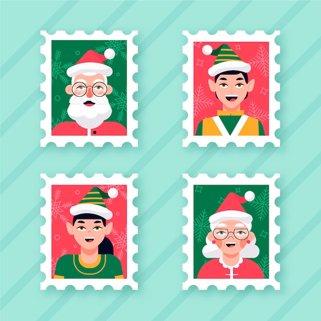 Vecteur gratuit collection de timbres de noël design plat