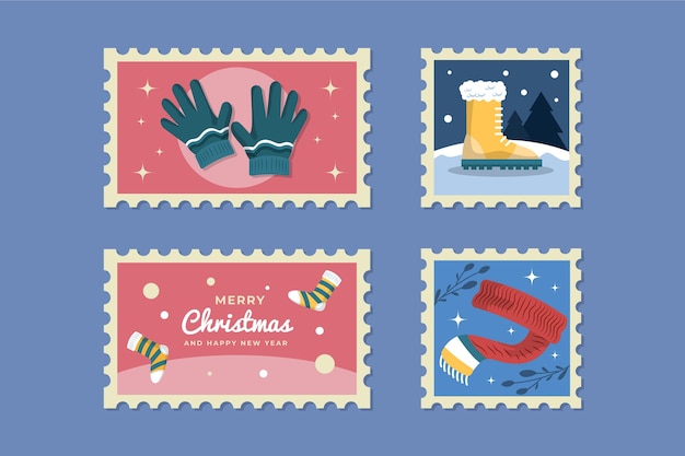 Vecteur gratuit collection de timbres de noël design plat