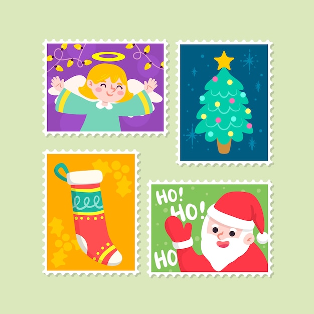 Vecteur gratuit collection de timbres de noël dessinés à la main