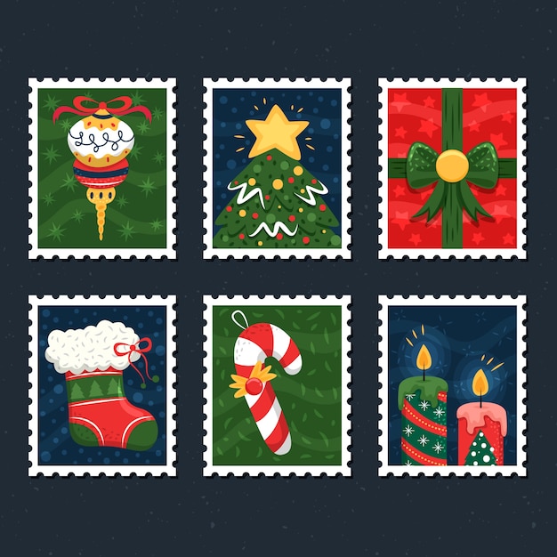 Vecteur gratuit collection de timbres de noël dessinés à la main