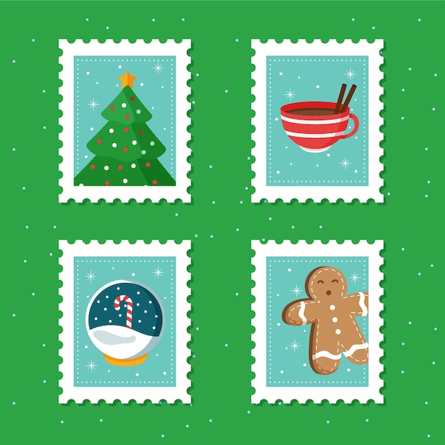 Vecteur gratuit collection de timbres de noël dessinés à la main