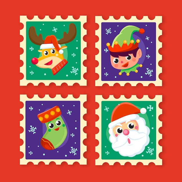 Vecteur gratuit collection de timbres de noël dessinés à la main