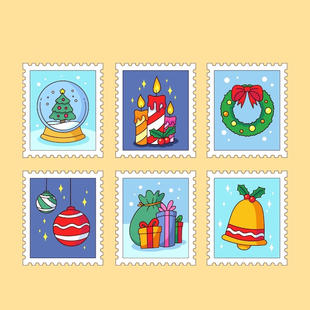 Vecteur gratuit collection de timbres de noël dessinés à la main