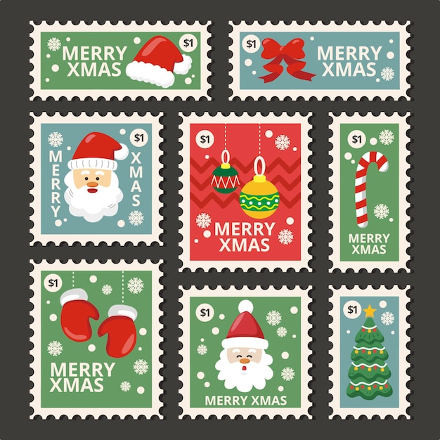 Vecteur gratuit collection de timbres de noël dessinés à la main