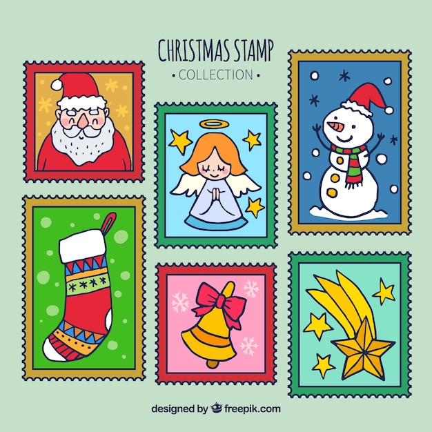 Vecteur gratuit collection de timbres de noël dessinés