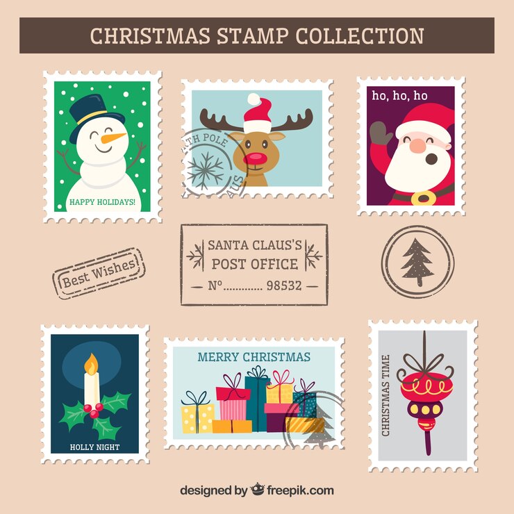 Vecteur gratuit collection de timbres de noël drôle