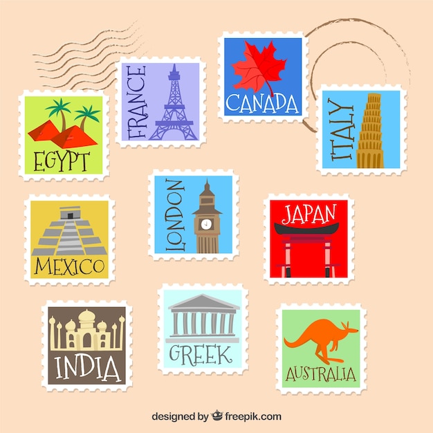 Vecteur gratuit collection de timbres de la ville dans le style plat