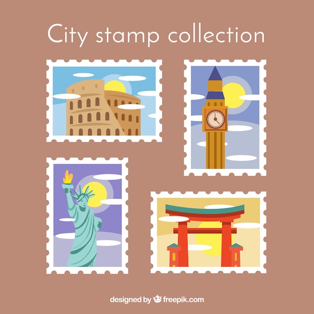 Vecteur gratuit collection de timbres de la ville dans le style plat