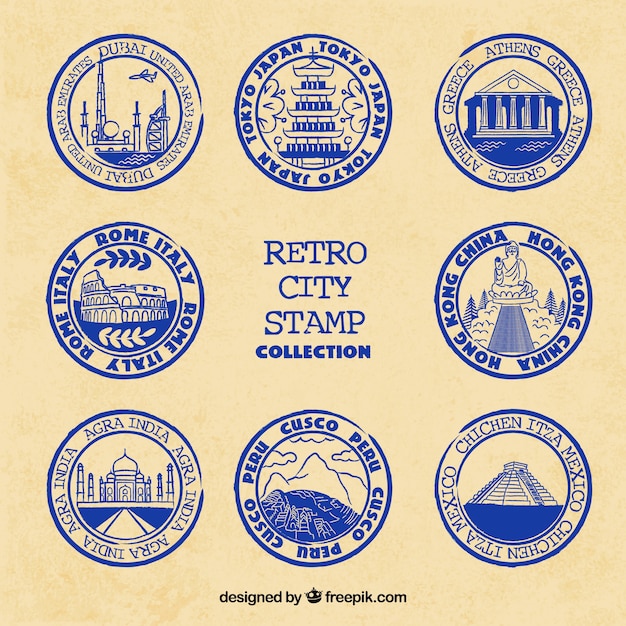 Vecteur gratuit collection de timbres de la ville dans un style rétro
