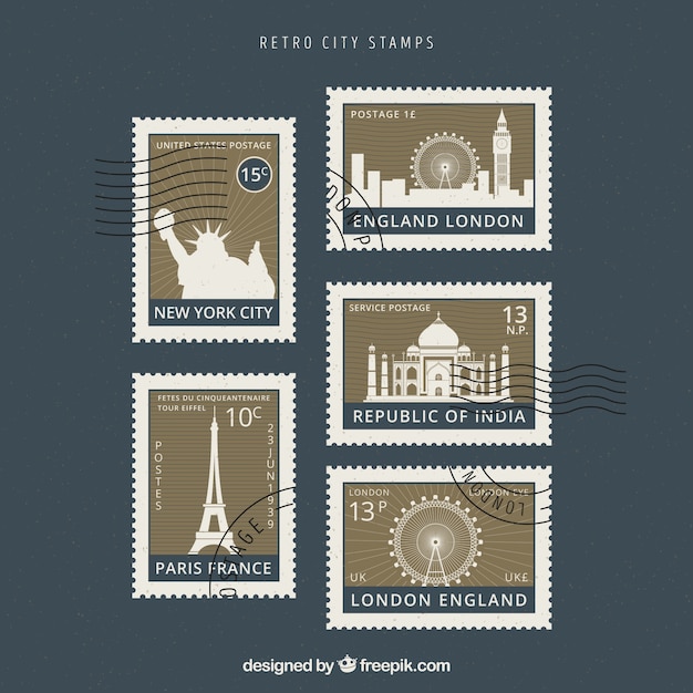 Vecteur gratuit collection de timbres de la ville dans un style rétro