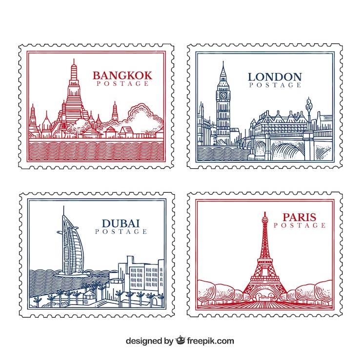 Vecteur gratuit collection de timbres de la ville