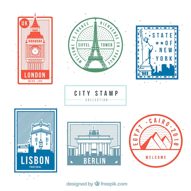 Vecteur gratuit collection de timbres de voyage avec des monuments