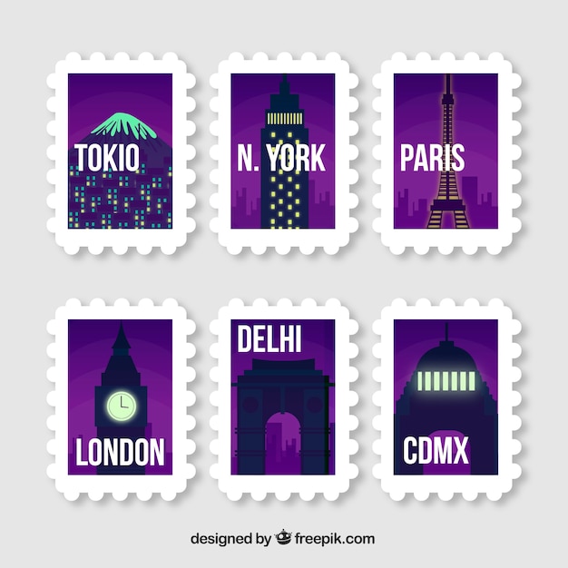 Vecteur gratuit collection de timbres de voyage pourpre