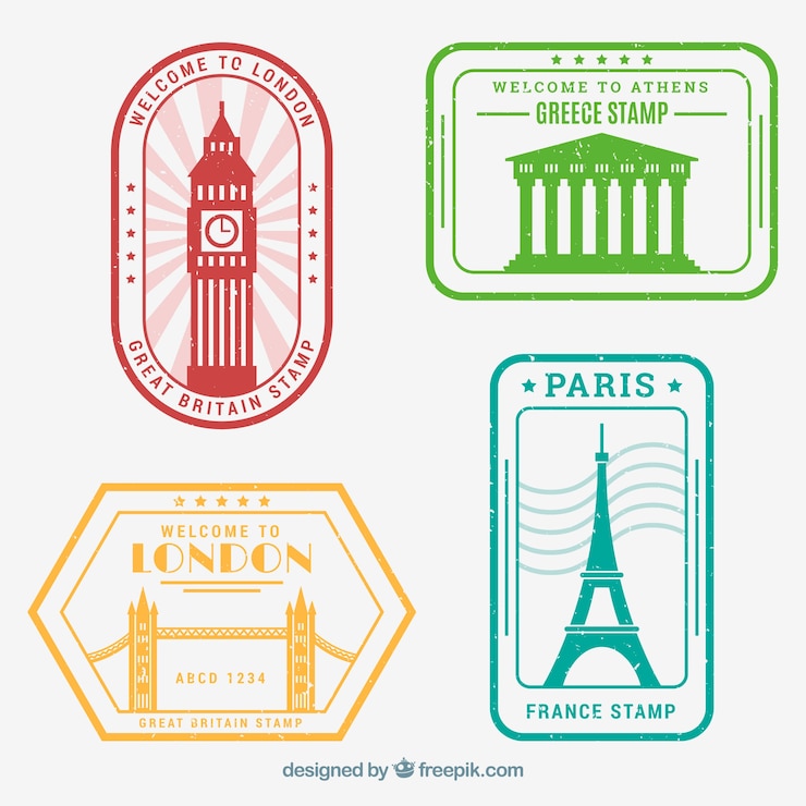 Vecteur gratuit collection de timbres de voyage en quatre couleurs différentes