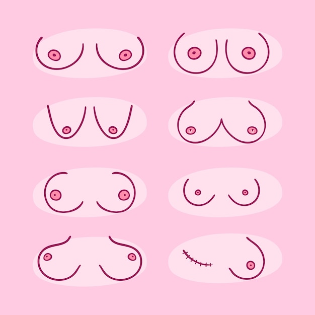 Vecteur gratuit collection de types de seins du mois de sensibilisation au cancer du sein dessinés à la main